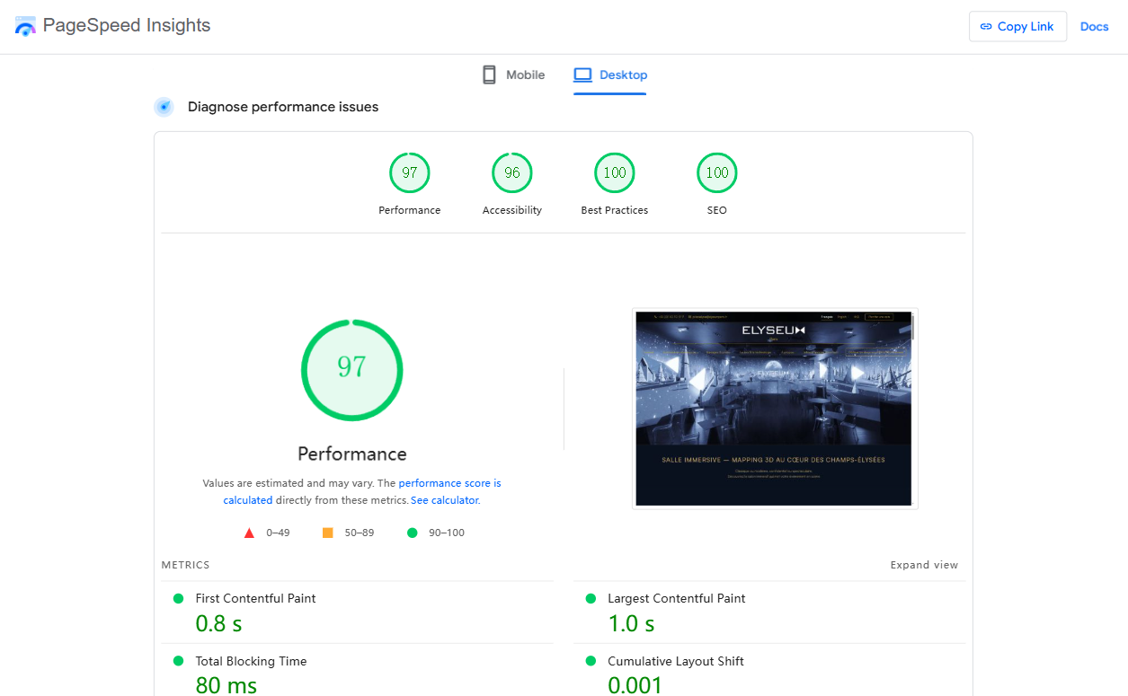 Informe de rendimiento Google PageSpeed